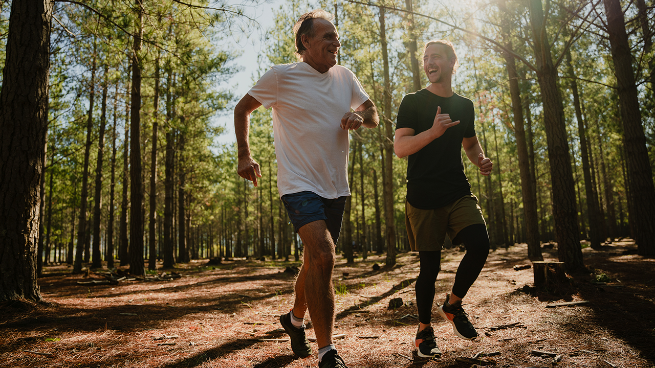 Two men jogging together